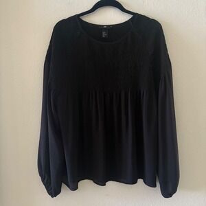 H&M Black Smocked Babydoll Blouse Long Balloon Sleeve Top Size 8